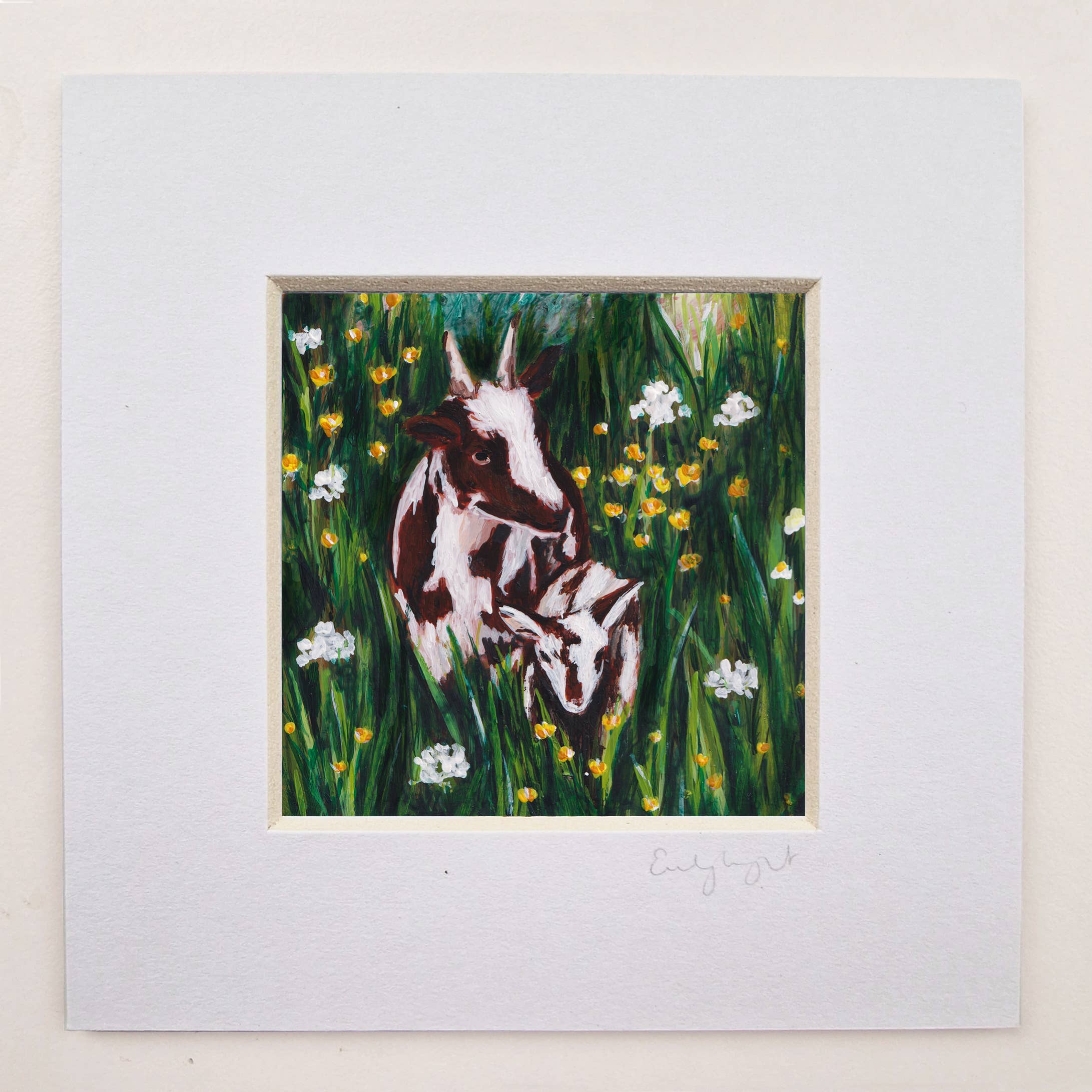 Emily Laura Designs – wholesale Art print – Cottagecore Cotswold Goats in Flower Field Mounted Art Print1