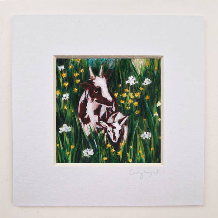 Emily Laura Designs – wholesale Art print – Cottagecore Cotswold Goats in Flower Field Mounted Art Print1