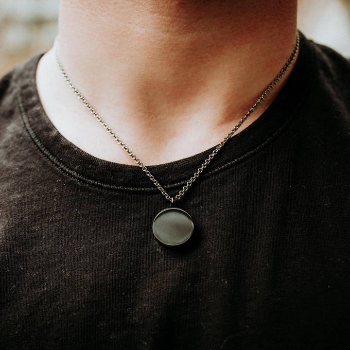 Black Stainless Steel - Custom Engraved Circle Cremation Ash Urn Pendant Necklace - Multiple Chain Lengths - Personalized Bereavement Gift for wholesale by Just Vial