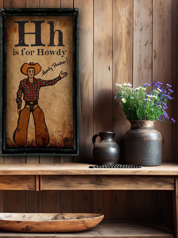 H is for Howdy - Grande œuvre d'art rectangulaire de 18 x 36 pouces pour la vente par TroubleMaker Trading Company