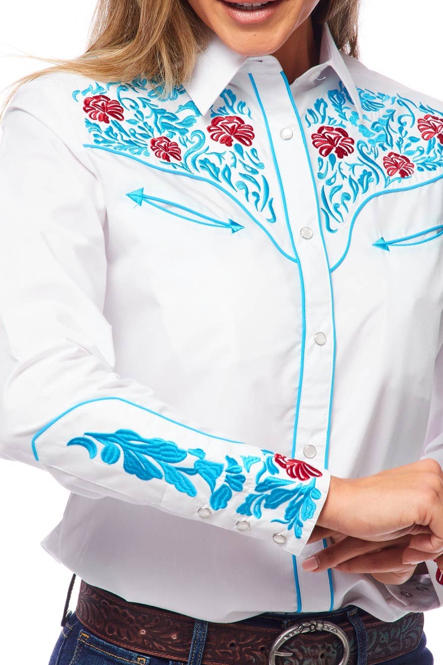 Rodeo Clothing - Vente Chemise à col boutonné – femme - Robe brodée à manches longues d'inspiration western pour femmes51