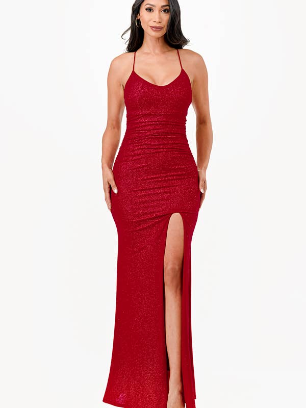 La Scala - Wholesale Dress - Women's - Glittered ITY Back lace up mermaid dress with waist shirring15