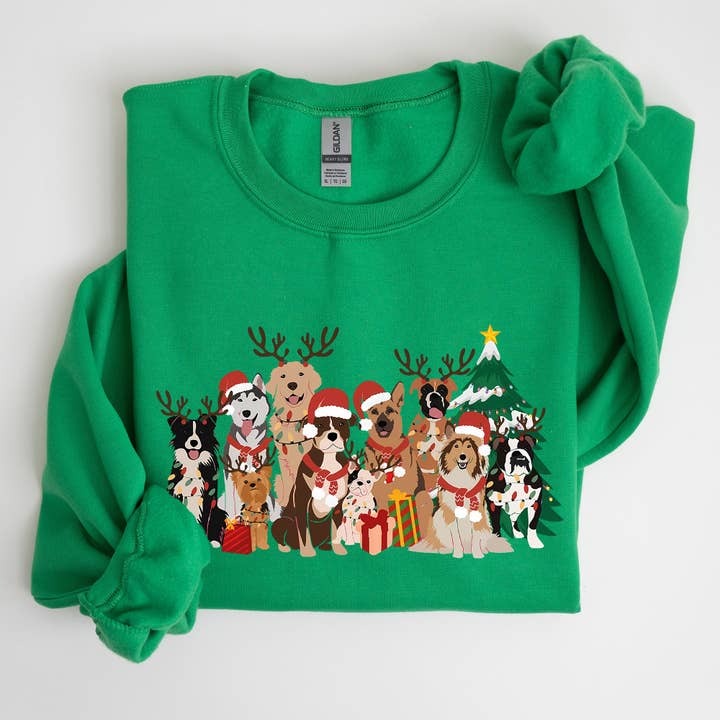 Refinery Number One LLC - Wholesale Graphic Sweatshirt - Unisex - Christmas Dogs, Antlers, Reindeer Santa Dog Lover Sweatshirt