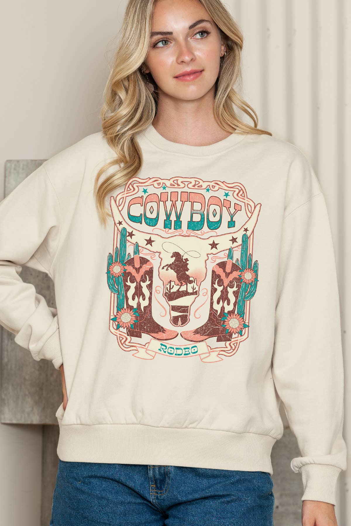 Amused by Blue – Großhandel Sweatshirt mit Grafikdruck – Damen – Damen Cowboy Rodeo Grafikdruck Pullover Sweater Top3