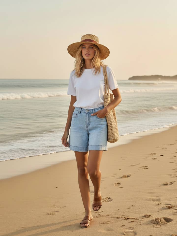 Shorts in denim lunghi fino a metà coscia a vita alta elasticizzati P621 per la vendita all'ingrosso da parte di Nina Carter