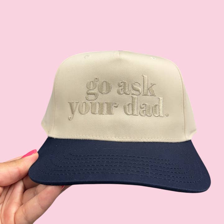 Camel Threads - Wholesale Trucker Hat - Unisex - GO ASK YOUR DAD TRUCKER CANVAS- NAVY W/ LIGHT TAN THREAD (Mix & Match Any 6 or More to meet moq)0