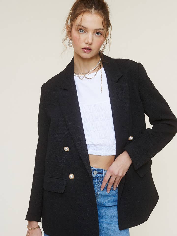 Tweed Blazer Jacket with Faux Pearl Button Closure for wholesale by Mimosa