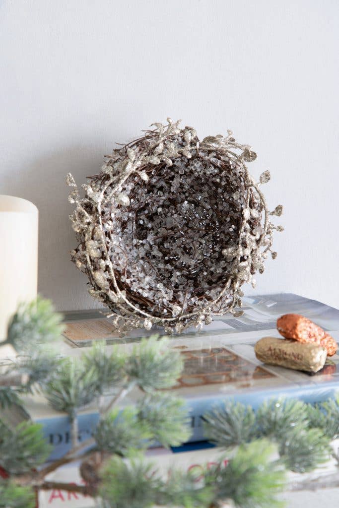 A&B Home Group Inc. - Wholesale Ornament - D6" IJzige Blad/Tak Vogelnest - Zilver5