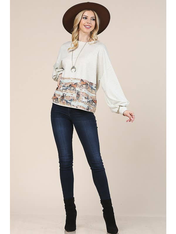 AVENA TOP DE FELPA FRANCESA CON ESTAMPADO DE CABALLOS AV1171-LISA de venta al por mayor en Faire4