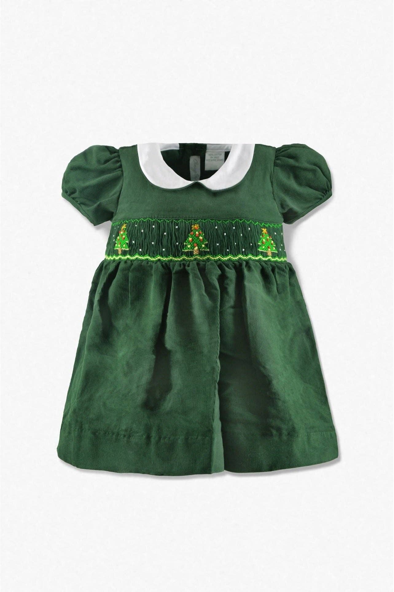 Hunter Green Smocked Christmas Trees Short Sleeve Baby & Toddler Girl Dress for wholesale on Faire0
