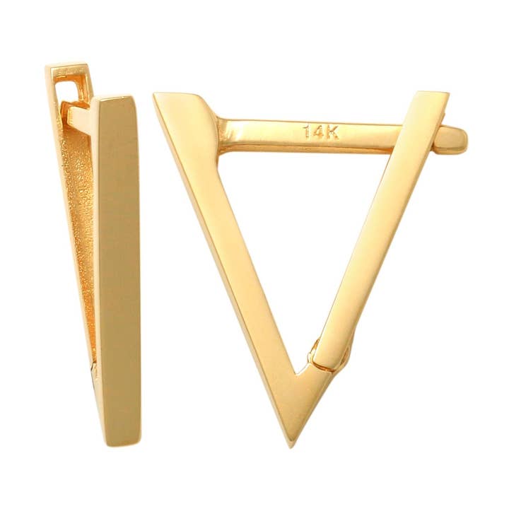 14kt Solid Gold | 15mm Triangle Huggie Earrings | Gold Hoops | Hoop Earrings | Minimalist Earrings I Gold Earrings for wholesale by Zahav Jewelry
