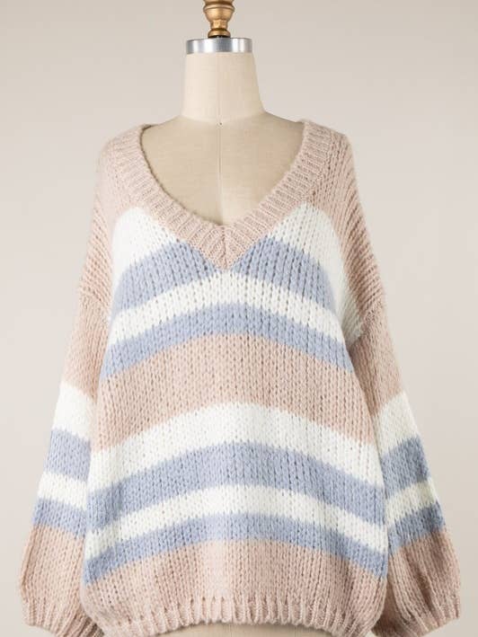 MIRACLE - Wholesale Knit Sweater - Women's - Puff Sleeve V Neck Striped Cable Knit Sweater