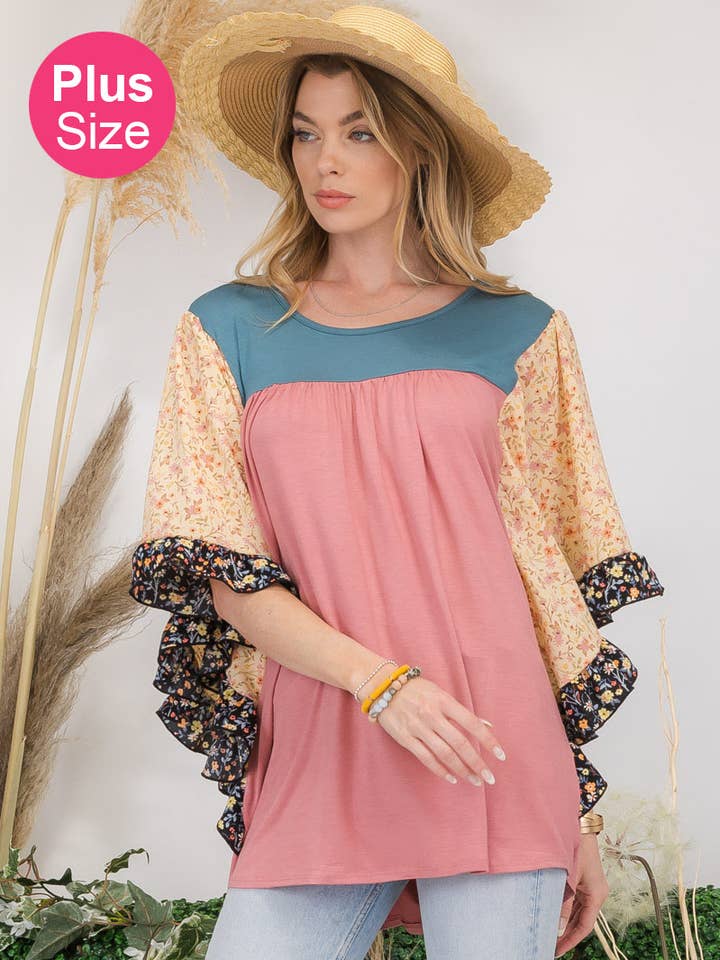 PLUS SIZE TUNIC TOP WITH FLORAL CHIFFON SLEEVES-CT43684E-PL for wholesale by Celeste Clothing