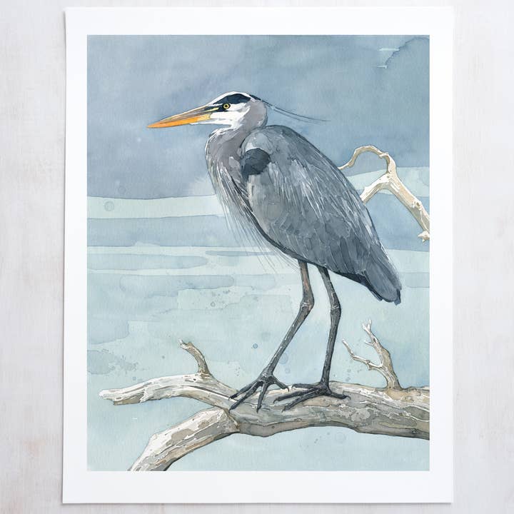 Studio Tuesday – wholesale Konsttryck – Stor blå häger på gren akvarellmålning0