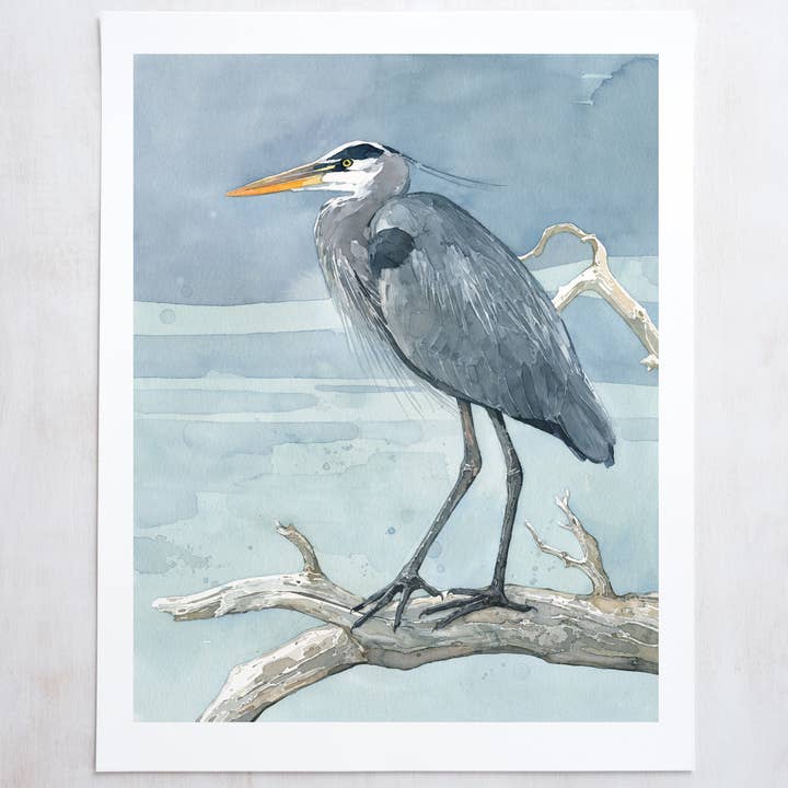 Great Blue Heron on Branch Watercolor Painting for wholesale by Studio Tuesday