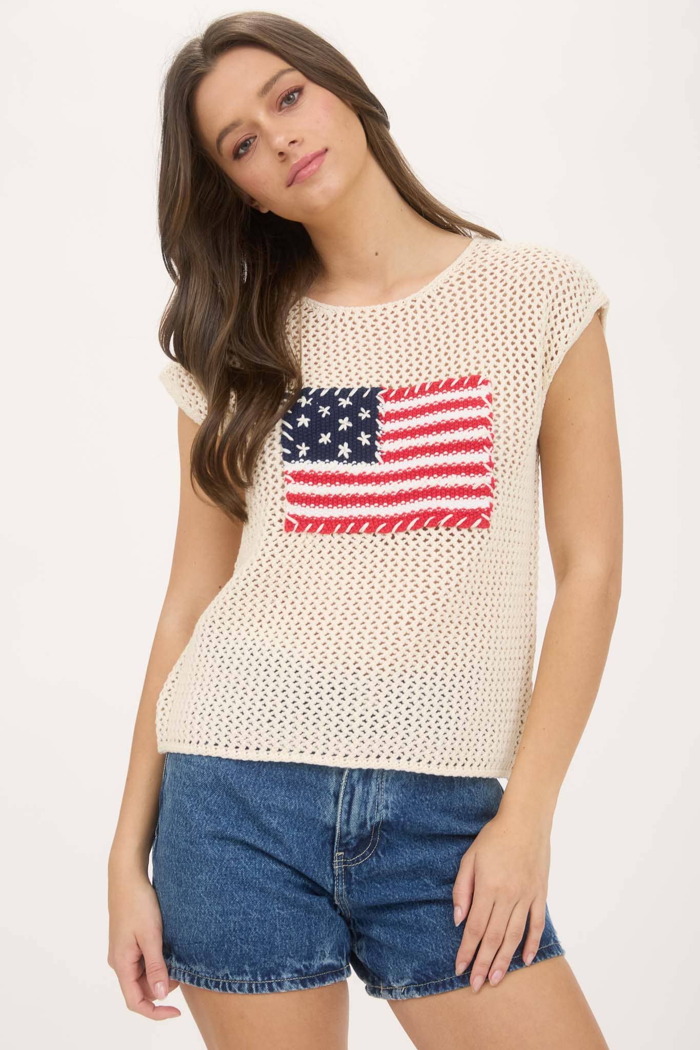 Blu Pepper - Wholesale Knit Sweater - Women's - AMERICAN FLAG CROCHET KNIT SWEATER TOP10