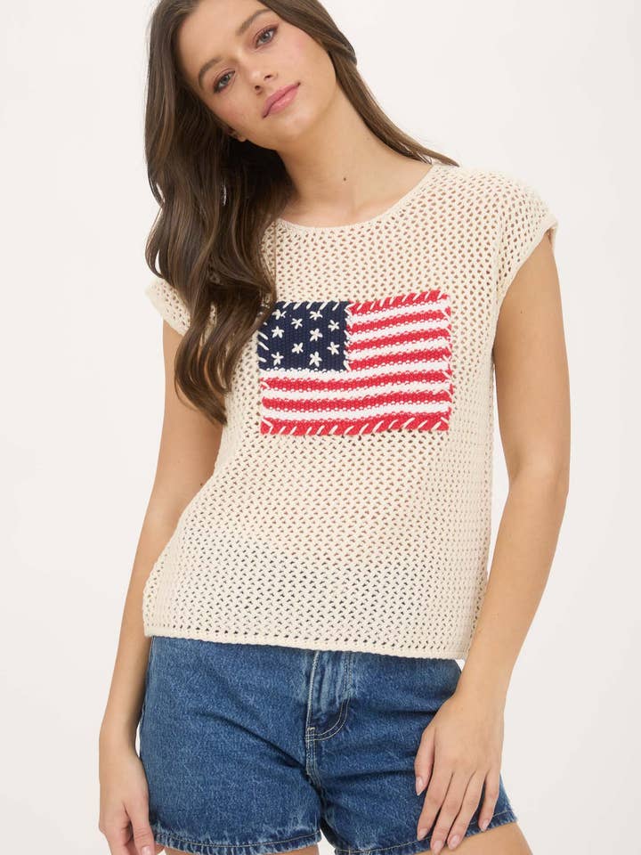 Blu Pepper - Wholesale Knit Sweater - Women's - AMERICAN FLAG CROCHET KNIT SWEATER TOP10