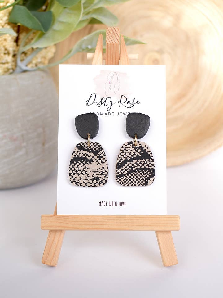 Rattlesnake- Black & Tan Clay Earrings for wholesale by Dusty Rose Creations