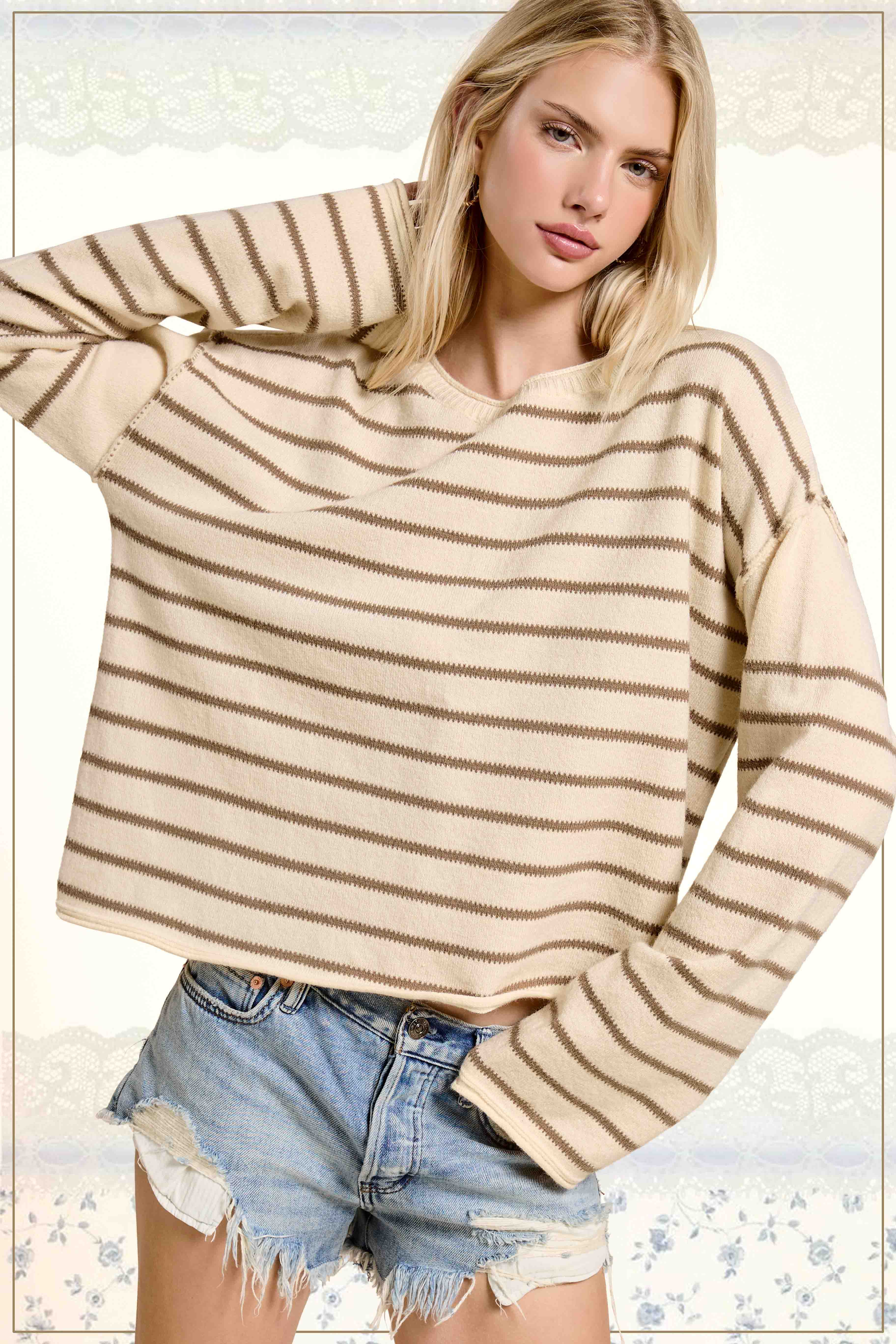 La Miel - Wholesale Knit Sweater - Women's - MCS3588-Striped Round Neck Loose Fit Long Sleeve Sweater7
