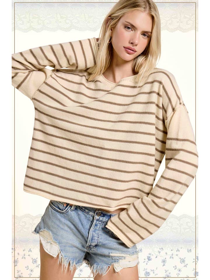La Miel - Wholesale Knit Sweater - Women's - MCS3588-Striped Round Neck Loose Fit Long Sleeve Sweater7