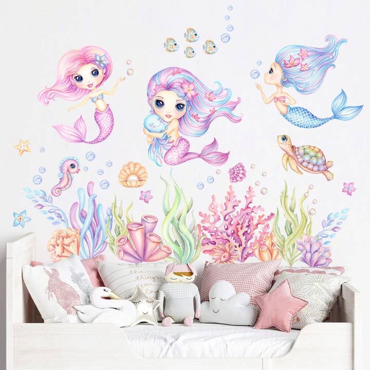 BR390 Wandaufkleber, Meerjungfrauen, Unterwasserabenteuer, Muscheln, Korallenrot, Seepferdchen, Schildkröte, Qualle, abziehbar und aufklebbar für den Großhandel von WallKoala