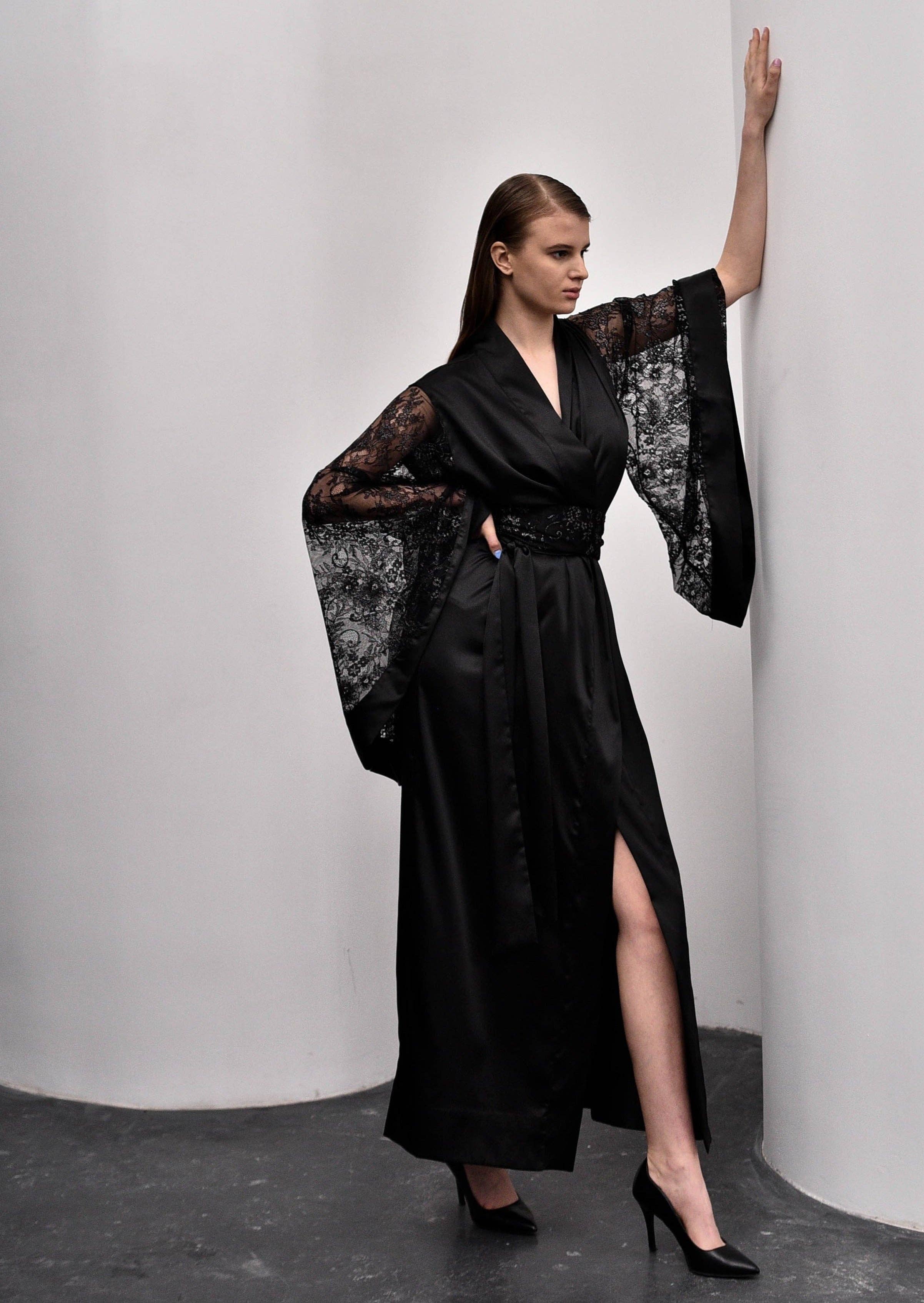 Seduced Black Silky Lace Kimono Robe for wholesale on Faire5