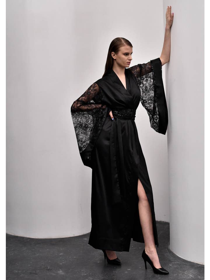 Seduced Black Silky Lace Kimono Robe for wholesale on Faire5