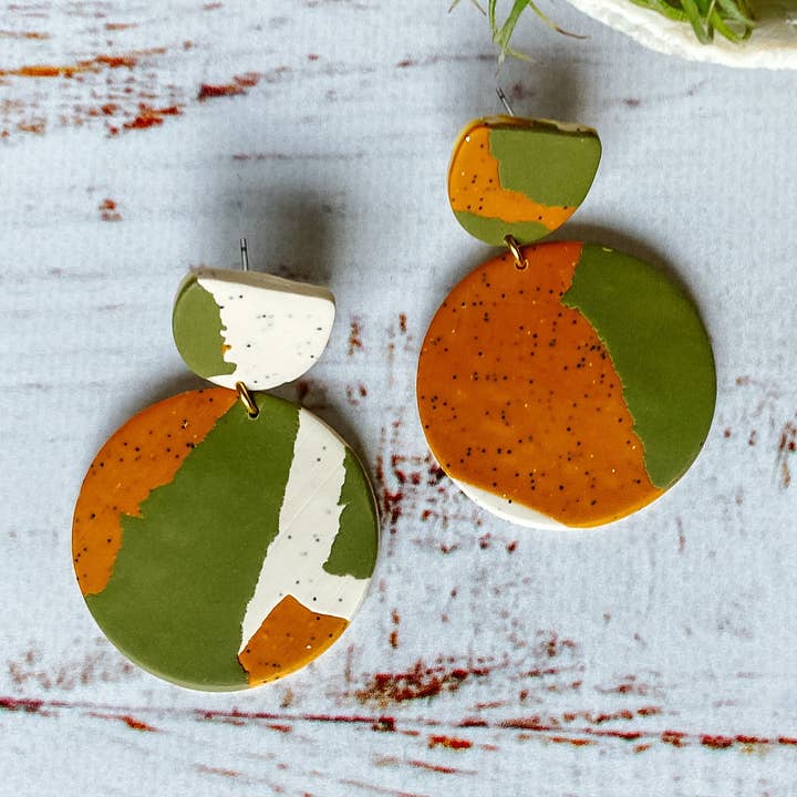 Olive Green Abstract Earrings, Fall Jewelry, Autumn Accessories, Earth Tones Art, Mustard Yellow Big Dangle, Polymer Clay, 70s Aesthetic for wholesale by Lauren Likes Art