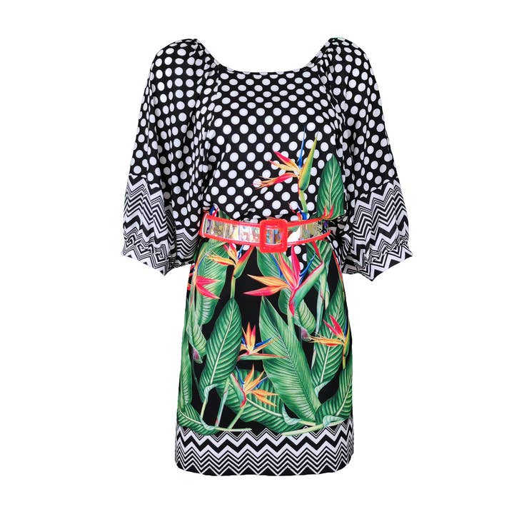 Polka Dot & Tropical Print Belted Mini Dress for wholesale by Lalipop Design