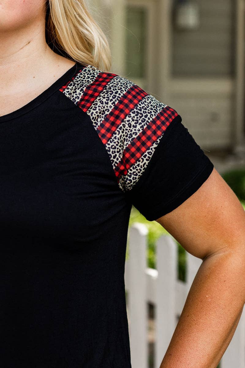 Mix Pattern You Can't Sleeve Me Alone Black Short Sleeves T-Shirt with Leopard and Red Checkers for wholesale on Faire7