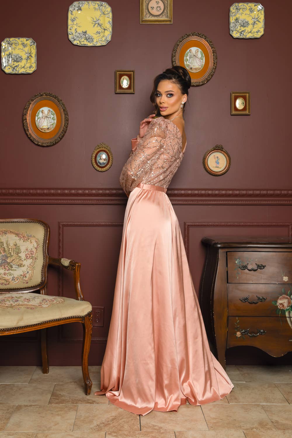 RICARICA INC. - Wholesale Gown - Women's - 2431-SOLID COLOR SATIN AND SEQUIN GLITTER MAXI DRESS10