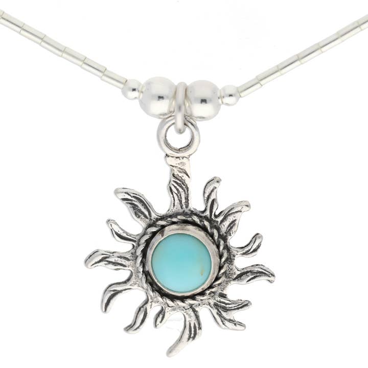 Liquid Silver Necklace with Round Turquoise Stone Sun Sterling Pendant for wholesale by Silver Insanity