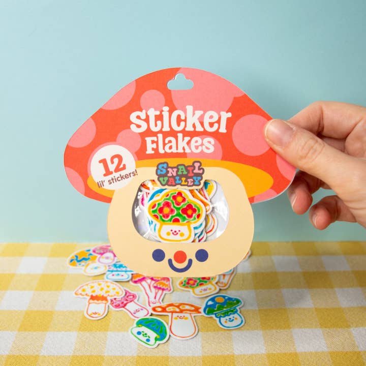 Mushroom sticker flakes - Pack of 12 mini stickers for wholesale by Snail Valley