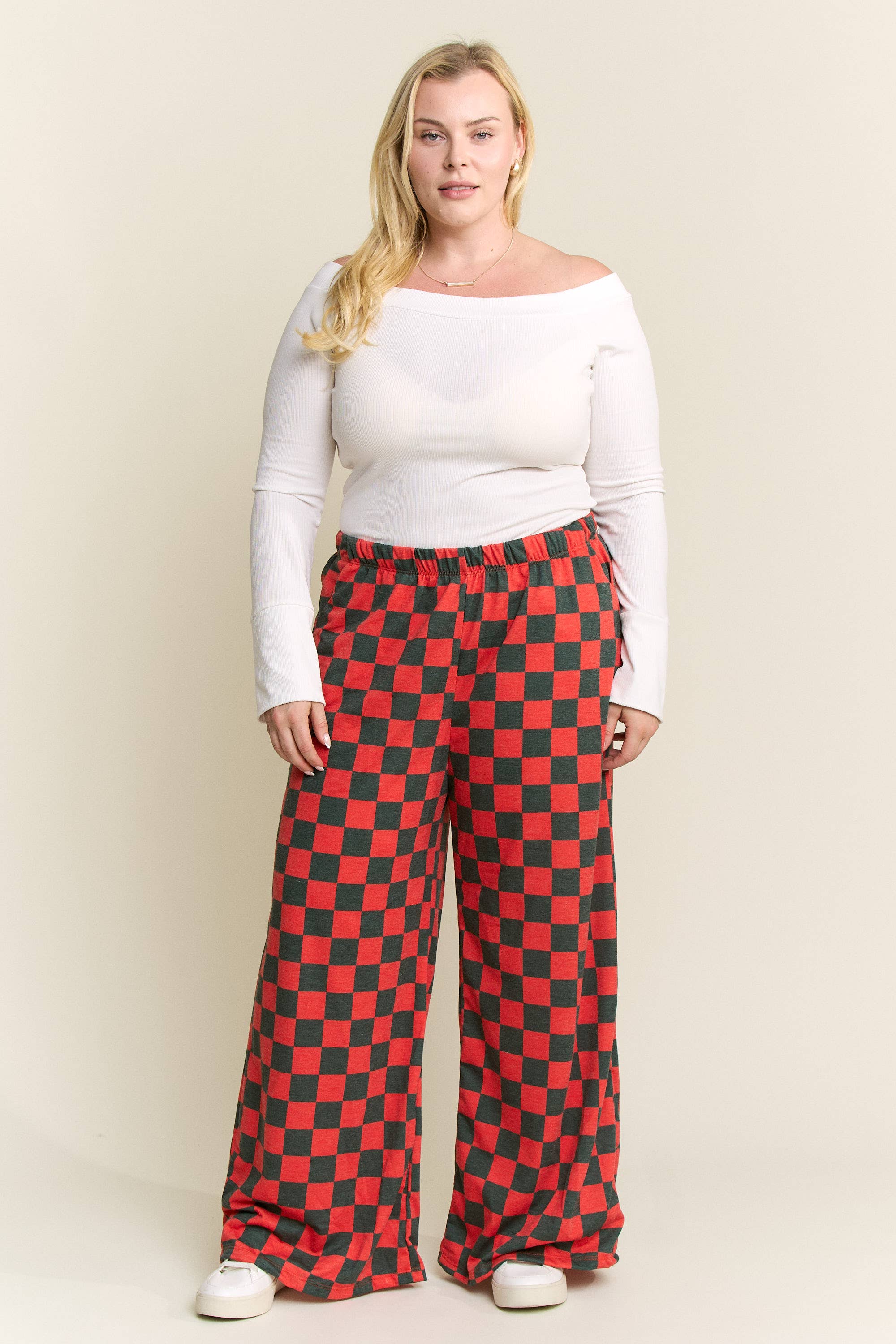 JADE BY JANE - Wholesale Pants - Women's - HIGH WAIST CHECKERED STRAIGHT LEG KNIT PANTS35