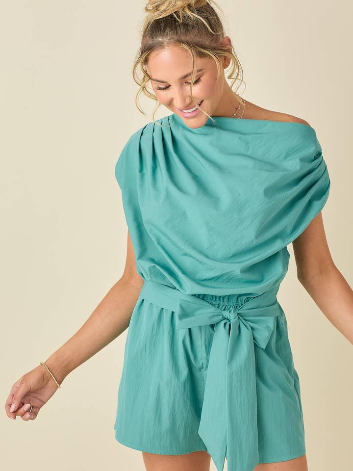 BABY PINK - Wholesale Romper - Women's - Draped unbalanced drop shoulder romper1