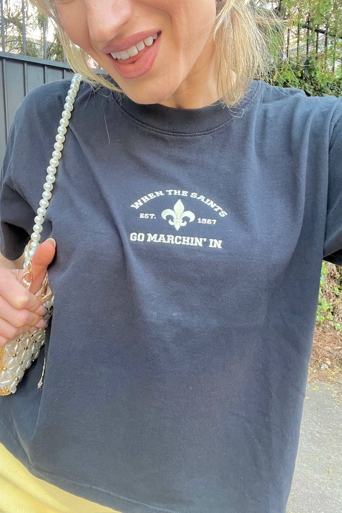 Black and Gold When the Saints Go Marchin' In Boxy Tee for wholesale on Faire0