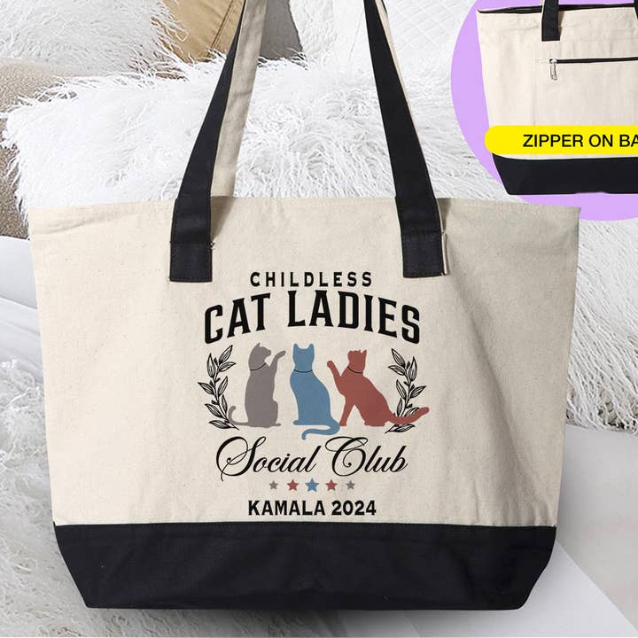 Gato sem filhos para mulheres sociais - Kamala Harris Canvas Tote por atacado de House Of Rodan
