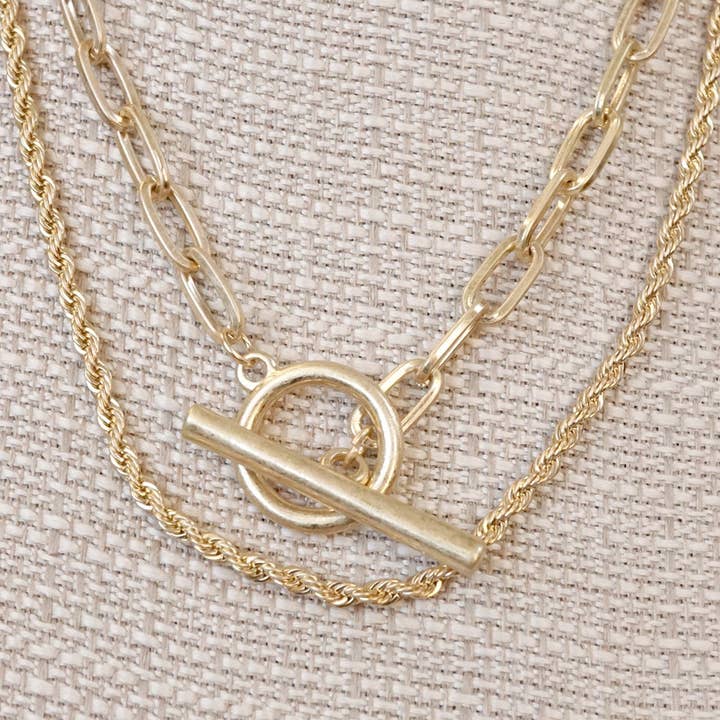 PennyLine inc - Wholesale Link & Chain Necklace - Front Toggle Closure Necklace Multi Layer Chain in Gold tone