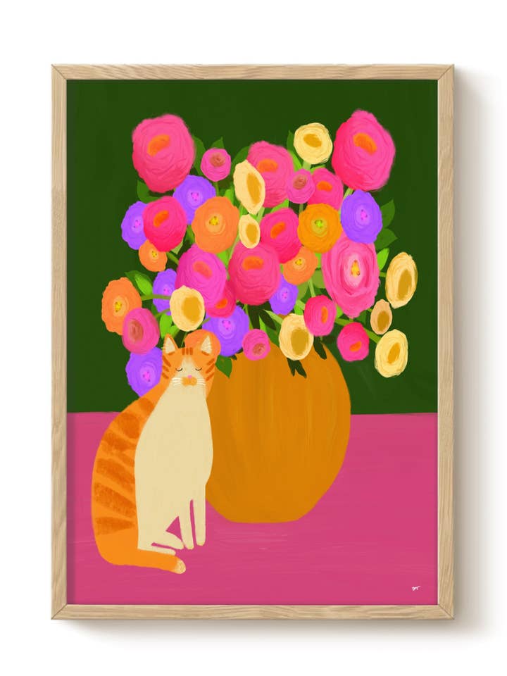 Ginger Cat and Roses Art Print - Wall Decor, Cat Gifts for wholesale by The Paper Tail