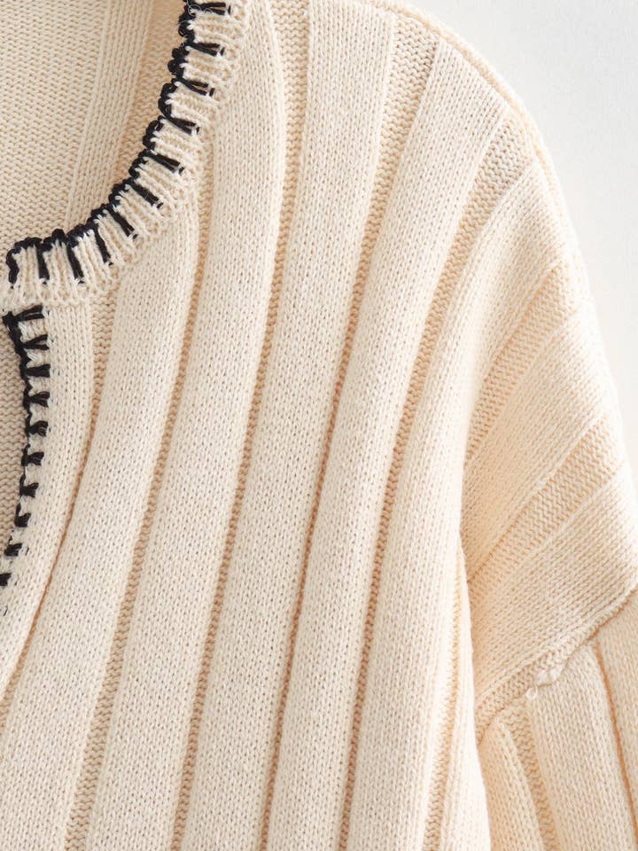 BEIGE V-Neck Ribbed Knit Sweater for wholesale on Faire7