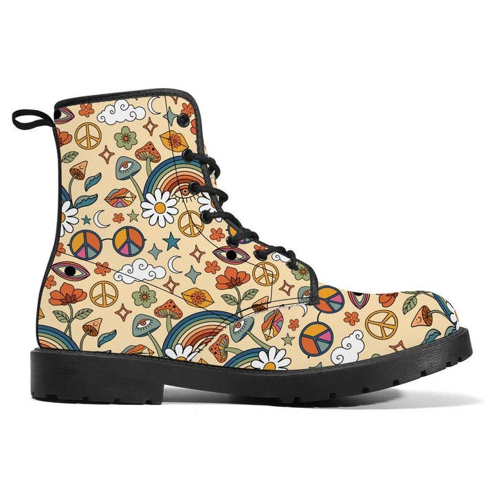 Raiana's Vibes - Wholesale Combat/Military Boots - Men's - Peace and Love Vegan Leather Boots, Witchy Boots, Handcrafted Boots, Ankle Boots, Combat Boots, Mens Boots, Hippie Boots, Trippy Hippie