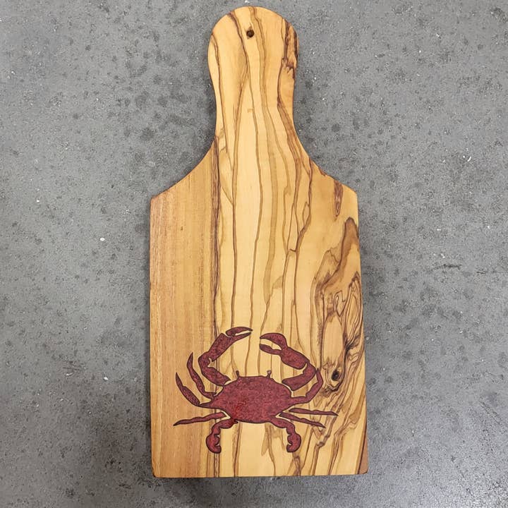 Olivewood Crab Epoxy Art Inlay 6"x 9" Cutting Serving Tray for wholesale by Gulf Coast Custom