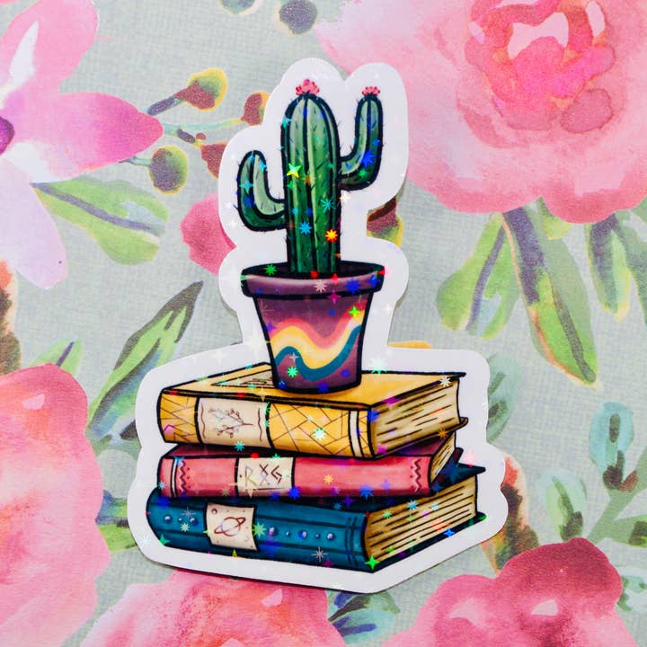 Pegatina de vinilo de cactus y libros | Pegatina impermeable para venta al por mayor de Eerie Cat