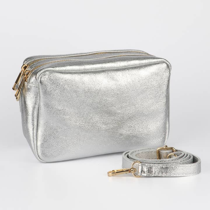 Naomi - Italian Leather Crossbody Bag - Silver, Metallic for wholesale by Sarta Pelle