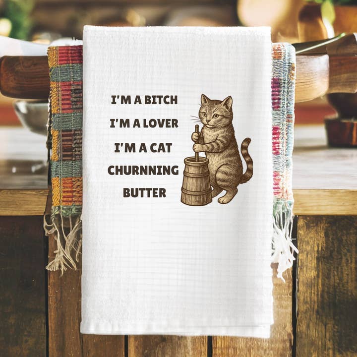 Cat Churning Butter Tea Towel for wholesale by Handsome Sam's