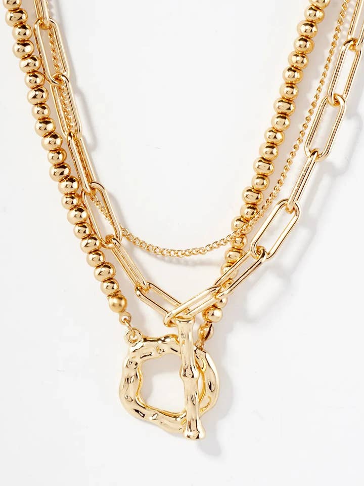 2PC-Set Toggle Closure Polished Metal Chain Layered Necklace for wholesale by Wild Honey