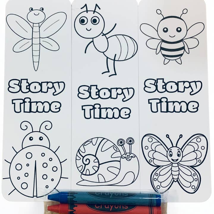 Bugs Berättelsestund Färgläggningsbokmärken med Kritor Kit - Set om 3 - 2" x 6" Rundade Hörn Bokmärken - Trollslända Nyckelpiga Bi Myra Snigel Fjäril för wholesale av Ann Gregory Designs