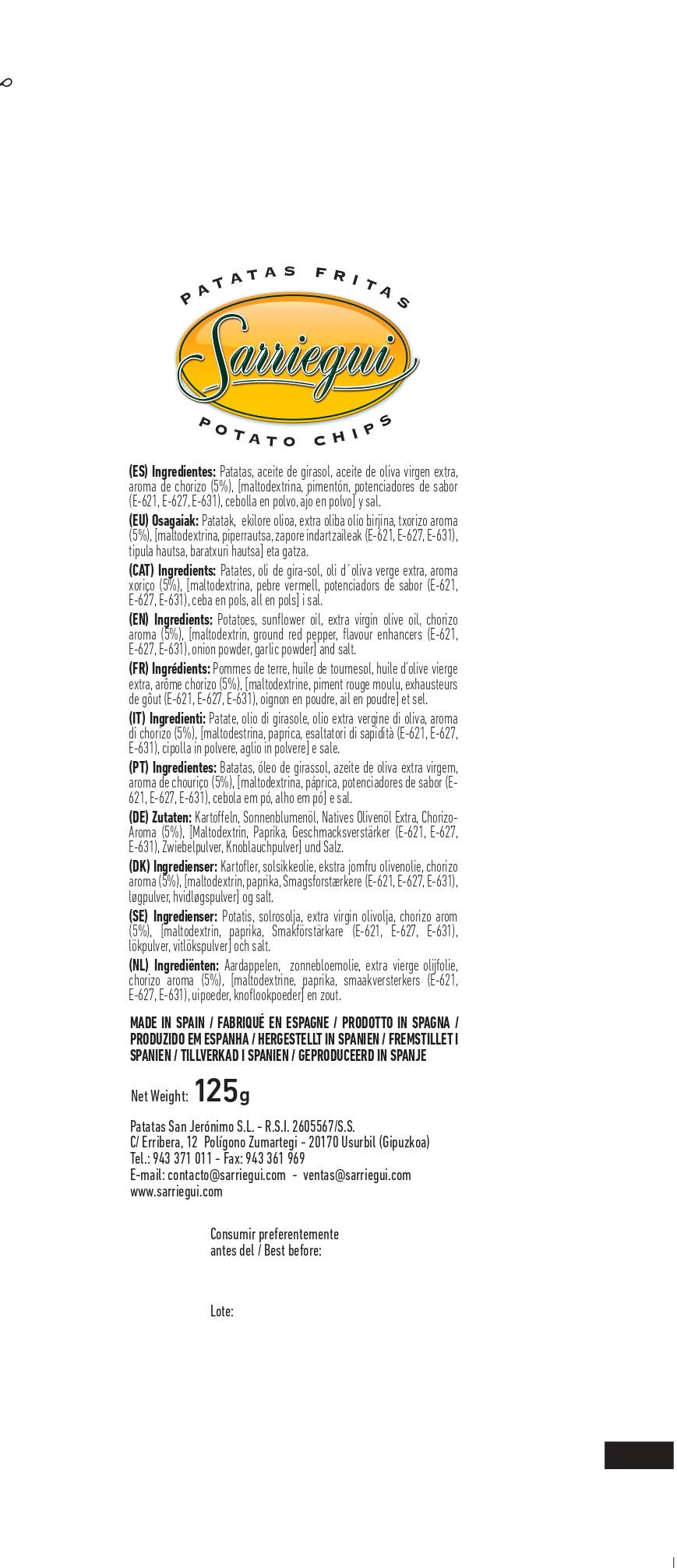 Chips Sarriegui - Wholesale Chips - SPICY CHORIZO FLAVORED POTATO CHIPS 125 G7