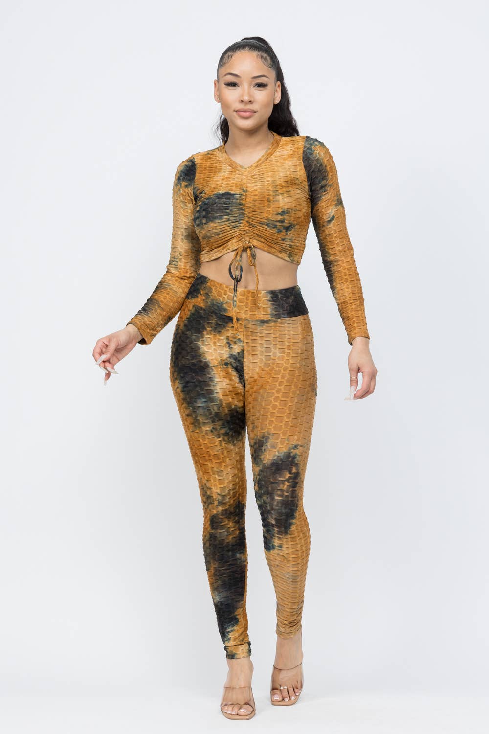 Julia by LoveJ - Wholesale Top & Pant Set (NOT Loungewear) - Women's - Honeycomb TieDye Shirring Tie Top And Leggings Set7