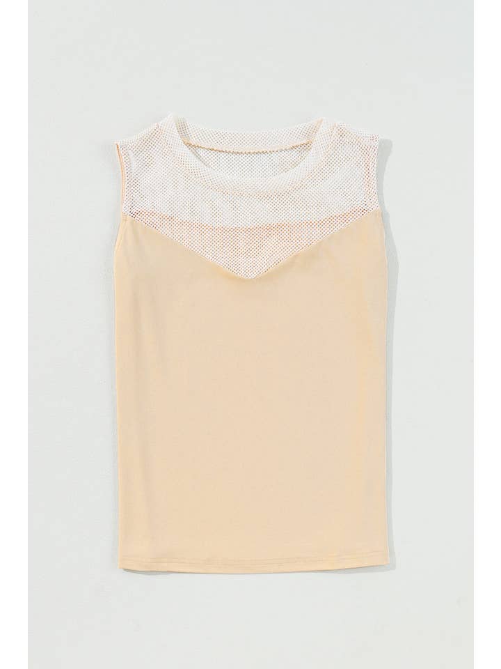 Oatmeal Mesh Patchwork Crewneck Summer Tank Top for wholesale on Faire